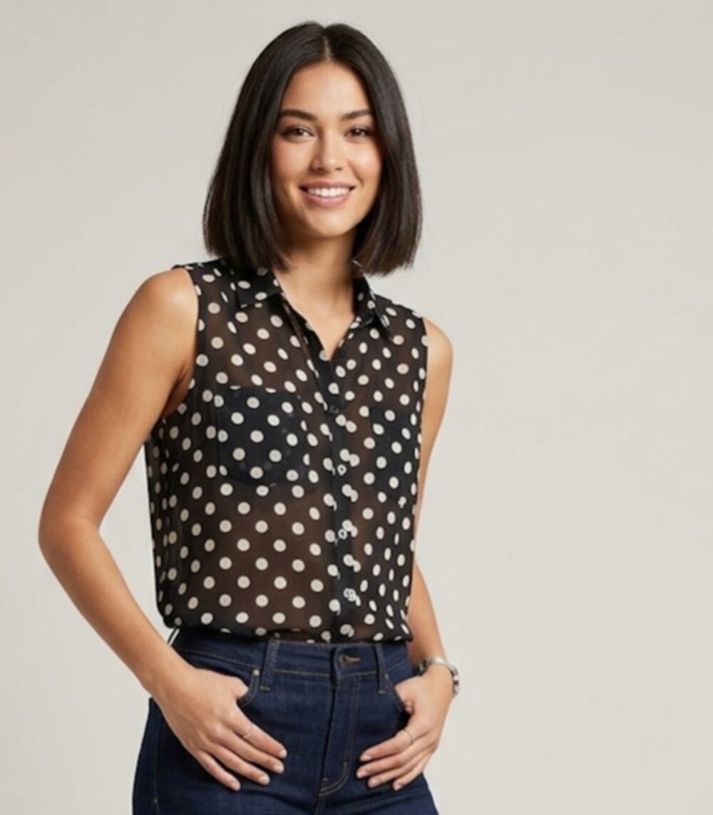 Fun & Flirt Sleeveless Blouse Polka Dot Button Up Collared Relaxed Top Womens M